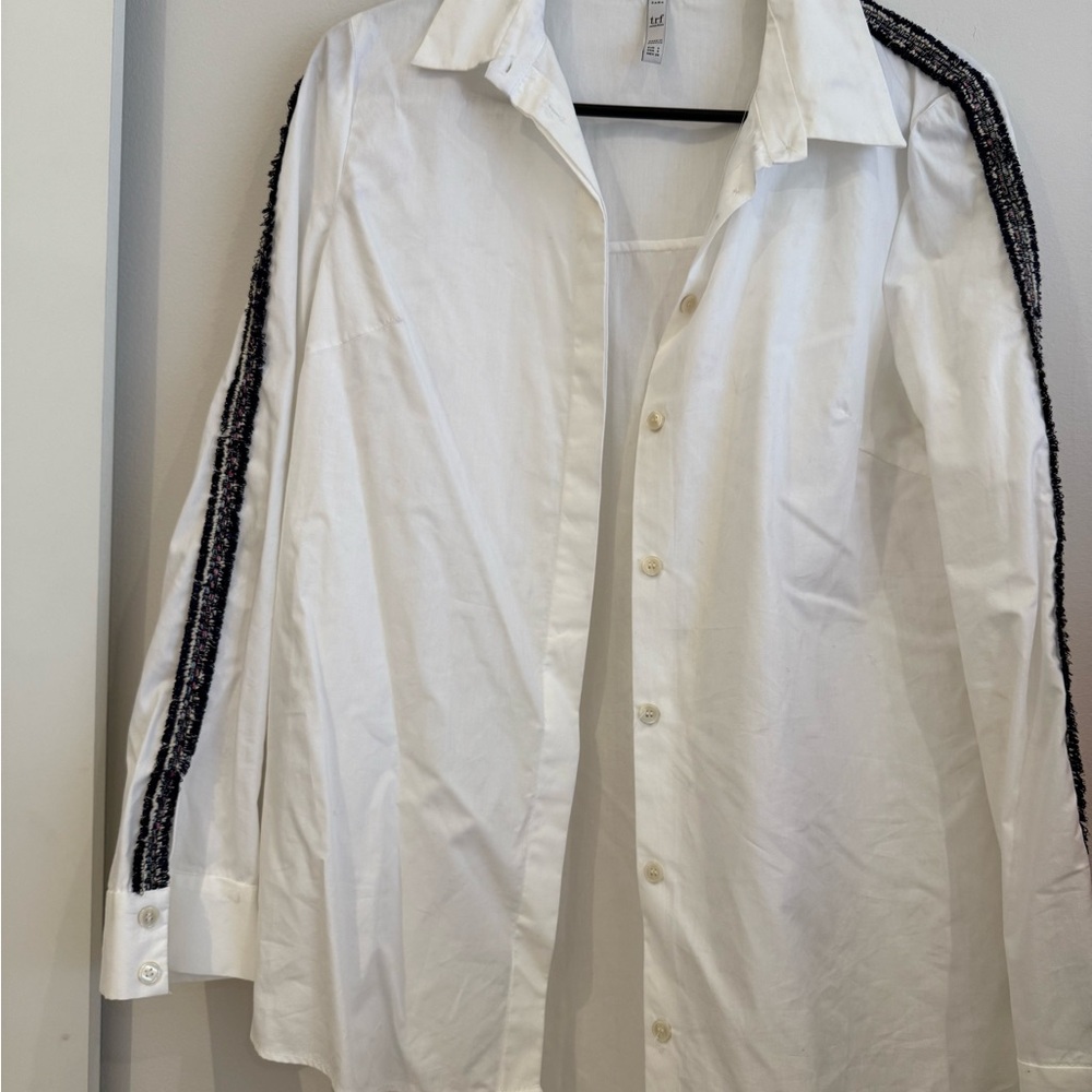 White Button-Up Shirt with Tweed Striped Sleeves